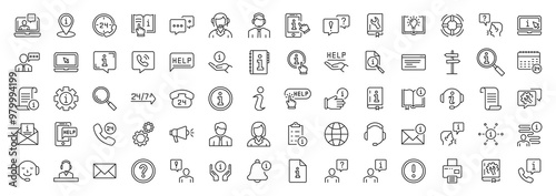 Information icon set. Collection of help signs. Containing info, help, inform, support, news, instructions and notice icons. Online help, helpdesk, quick response, feedback and more. Editable stroke