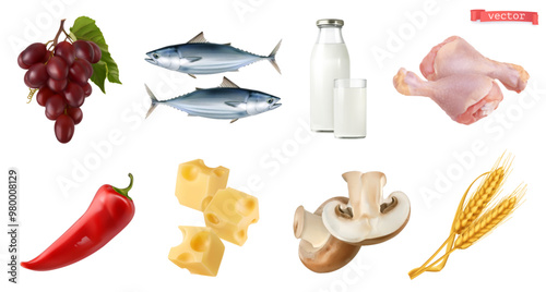 Food, 3d realistic vector set. Fruits, vegetables, cheese, milk, mushrooms, fish, meat, bread