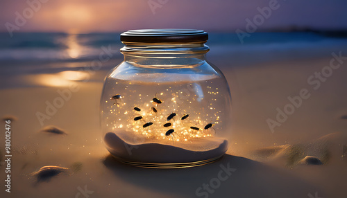 A jar full of fireflies is on the beach