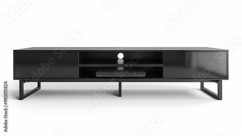 modern TV stand with a black lacquer finish and metal legs