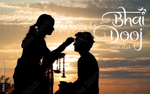 Generative-AI Bhai Dooj silhouette of sister performing tilak ritual against a glowing sunset