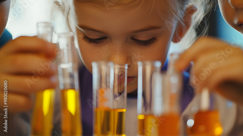 Children working on a science experiment with test tubes and beakers.