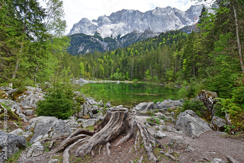 Beautiful landscape. Lake Eibsee and the Zugspitze mountain peak in the background. Desktop Background. screen saver