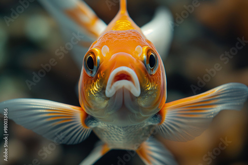 Closeup of vibrant goldfish swimming underwater with detailed gills and fins in an aquarium