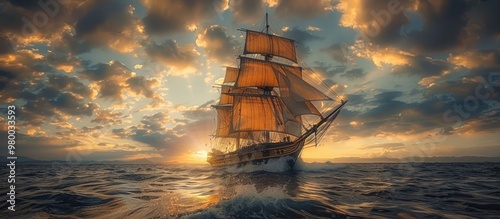 Majestic sailing ship with full sails gliding through a dramatic sunset sky its reflection shimmering on the restless waves of the vast ocean expanse