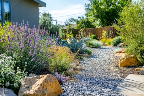 Scenes of a front yard garden with a xeriscape design, featuring drought-tolerant plants, gravel pathways, and a water-efficient landscape. 