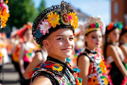 A colorful display of traditional Lithuanian costumes at a folk dance performance in Kaunas