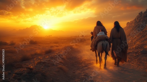 Joseph leads a donkey carrying Mary and baby Jesus through a barren desert at dawn during the escape to Egypt.