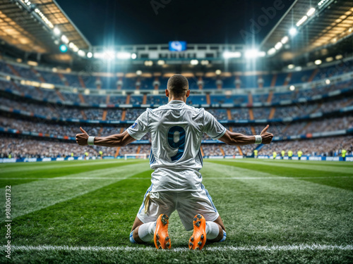 Soccer player in a white uniform kneels on the field at night with arms raised in triumph celebrating a victory. Football striker with spanish league team number 9 jersey celebrating a goal