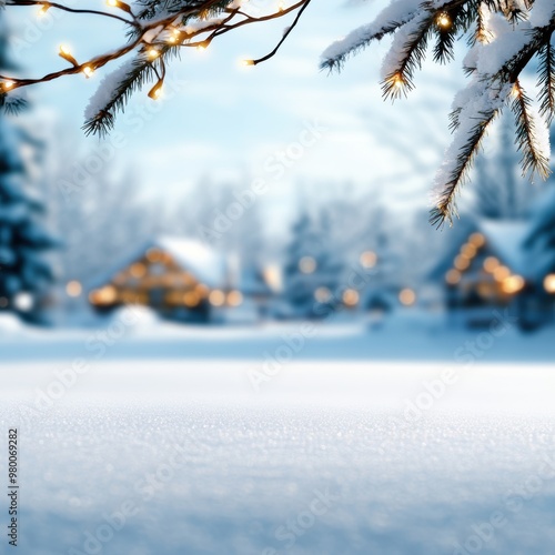 A serene winter landscape with snow-covered ground, frosty trees, and glowing lights illuminating cozy cabins in the background.