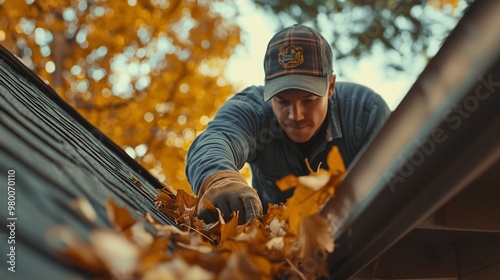 A person cleaning leaves from a roof gutter during autumn, emphasizing seasonal roof maintenance.