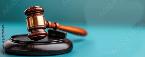 A wooden gavel placed on a black base with a blue background, representing legal authority, decisions, and judicial processes.