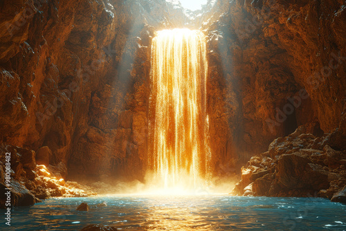 An immense, shimmering waterfall cascading from the sky into a desert, creating an oasis where none existed before. Concept of fantastical elements disrupting natural landscapes.