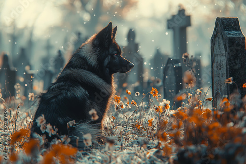 A spectral dog wandering through an old cemetery, with an aura of sadness and mystery surrounding it. Concept of animal spirits and ghostly guardians.