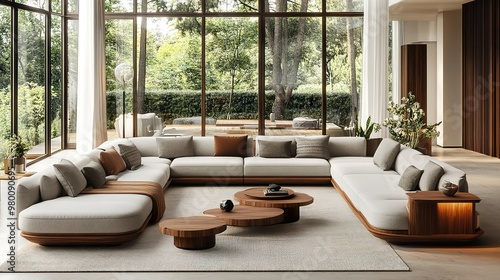 Modular sectional sofa with movable backrests and integrated side tables, in a spacious, contemporary living area.