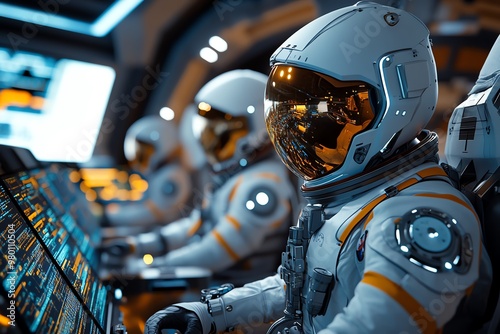 A group of astronauts preparing for their first space mission, with futuristic technology and a sense of anticipation