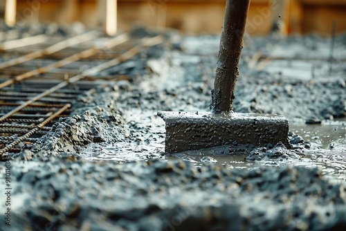 Worker pouring concrete on the construction site, closeup.