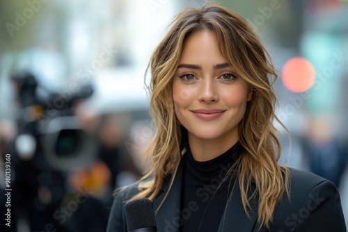 Woman smiling with microphone