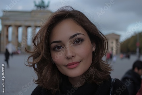 Chic Smiles at Brandenburger Tor: Young Woman's Fashionable Portrait in Berlin, Germany