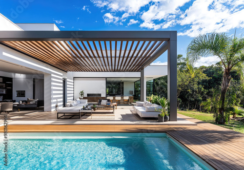 An outdoor pergola with slats on the roof, next to an outdoor pool area in front of a modern house with white walls and a wooden floor.