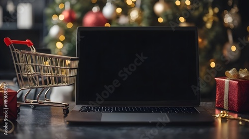 Holiday online shopping scene with a laptop screen showcasing festive discounts and special deals, surrounded by Christmas presents, capturing the essence of digital consumerism during