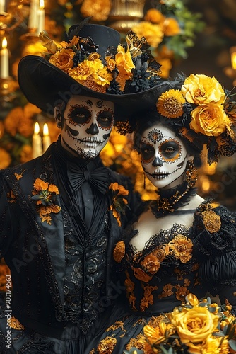 Una pareja en el dia de muertos vestidos como Catrin y Catrina con elegantes y antiguos atuendos negros rodeados de rosas y flores amarillas. 