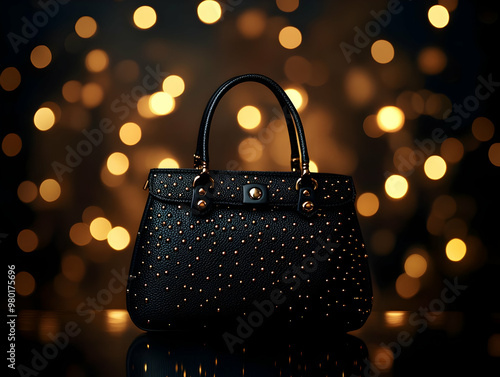 Elegant black handbag adorned with sparkling details, set against a dreamy bokeh background, perfect for fashion enthusiasts.