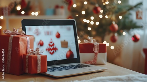 Holiday online shopping scene with a laptop screen showcasing festive discounts and special deals, surrounded by Christmas presents, capturing the essence of digital consumerism during