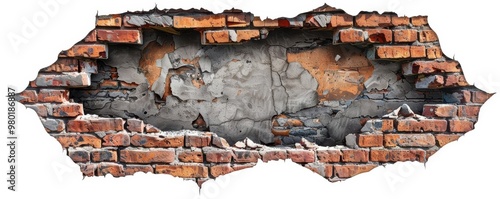 Hole in a brick wall, graffiti art, urban style, realistic, isolated on white background