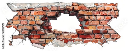 Hole in a brick wall, graffiti art, urban style, realistic, isolated on white background