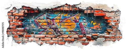 Hole in a brick wall, graffiti art, urban style, realistic, isolated on white background