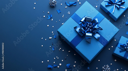 Christmas blue Open gift box template. Elegant Blue Gift Boxes with Bows on a Dark Surface. A stylish arrangement of blue gift boxes adorned with ribbon bows, surrounded by decorative confetti