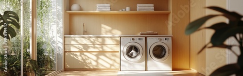 Modern laundry room with washer and dryer, minimalistic design, and natural light.