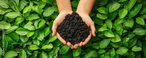 Hands holding a pile of biochar over a lush green garden, showcasing the eco-friendly benefits of carbon sequestration and soil enrichment