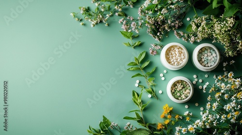 A table with homeopathic pills and fresh herbs, isolated on a green spring background with ample design space