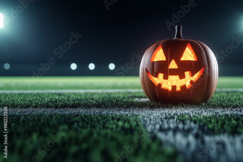 halloween pumpkin on grass football field