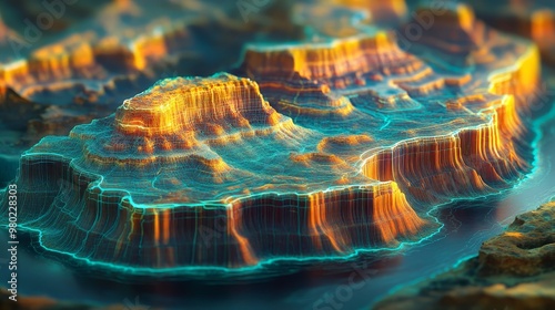 A futuristic aerial scan of the Grand Canyon, holographic overlays highlighting geological layers, the Colorado River rendered in glowing digital lines, Sci-fi, 3D, Hologram