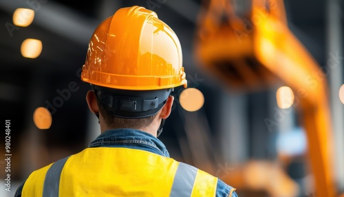 A construction worker in an orange helmet oversees a building site, showcasing safety and professionalism in the workplace.