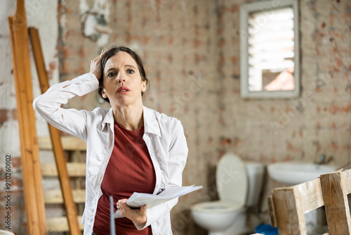 Upset confused inexperienced female designer standing with papers in apartment during refurbishment, trying to create space layout