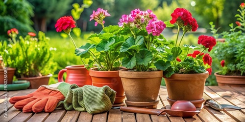 A beautifully arranged patio setting features a pair of gardening gloves beside a terracotta pot containing a lush geranium plant, surrounded by lush greenery.