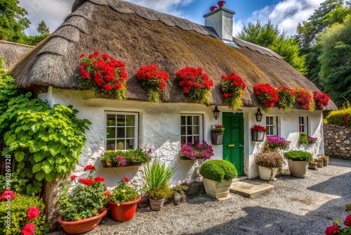 Charming traditional Irish cottage with whitewashed walls, thatched roof, inviting porch, and vibrant pot of hanging geraniums amidst lush green surroundings and rustic charm.