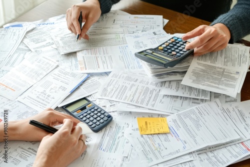 A frustrated individual reviewing a stack of overdue bills and debt notices, with a calculator and pen on the table, representing the struggle of managing debt