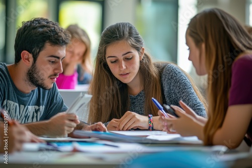 Students in a study group, collaborating on homework assignments, sharing notes and discussing solutions, showcasing the value of teamwork in academic achievement