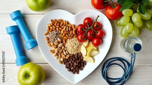 Healthy lifestyle concept featuring a heart-shaped plate filled with nutritious foods and fitness gear on a wooden background. Perfect for promoting wellness, balanced diet, and exercise routines.