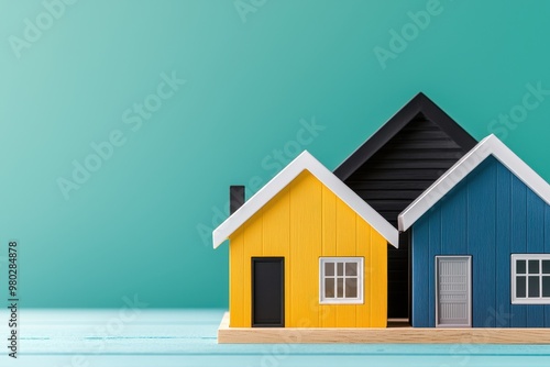 Colorful miniature houses on a teal background, representing modern housing and real estate concepts in a playful design.