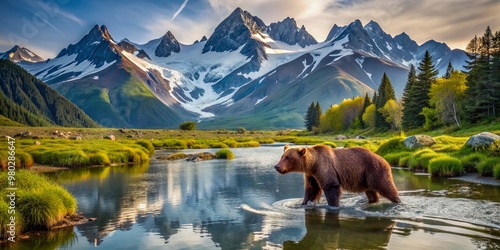 Majestic brown bear roams freely along serene mountain river, surrounded by stunning snow-capped peaks, seeking sustenance in the untouched wilderness near a tranquil pond.