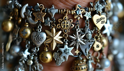 Intricate charm bracelet featuring gold and silver hearts, stars, and religious symbols in a striking close-up view