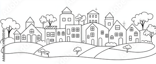 A continuous one line drawing of a rural landscape featuring a lake house in the woods. The silhouette of a country house in a panorama. A minimalistic contour drawing of a village.