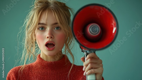 Girl Amplifying Voice with Megaphone on Light Background, Right Corner