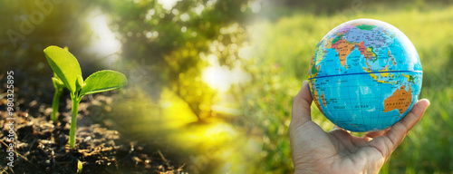 human hand with world model and plant seedling for environmental conservation concept